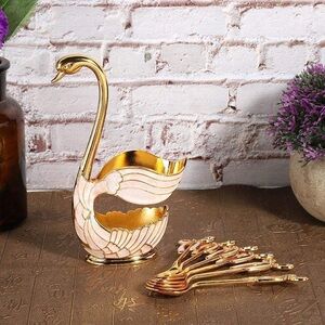 Elegant Gold Swan Dessert Spoon Holder with 6 Spoons
